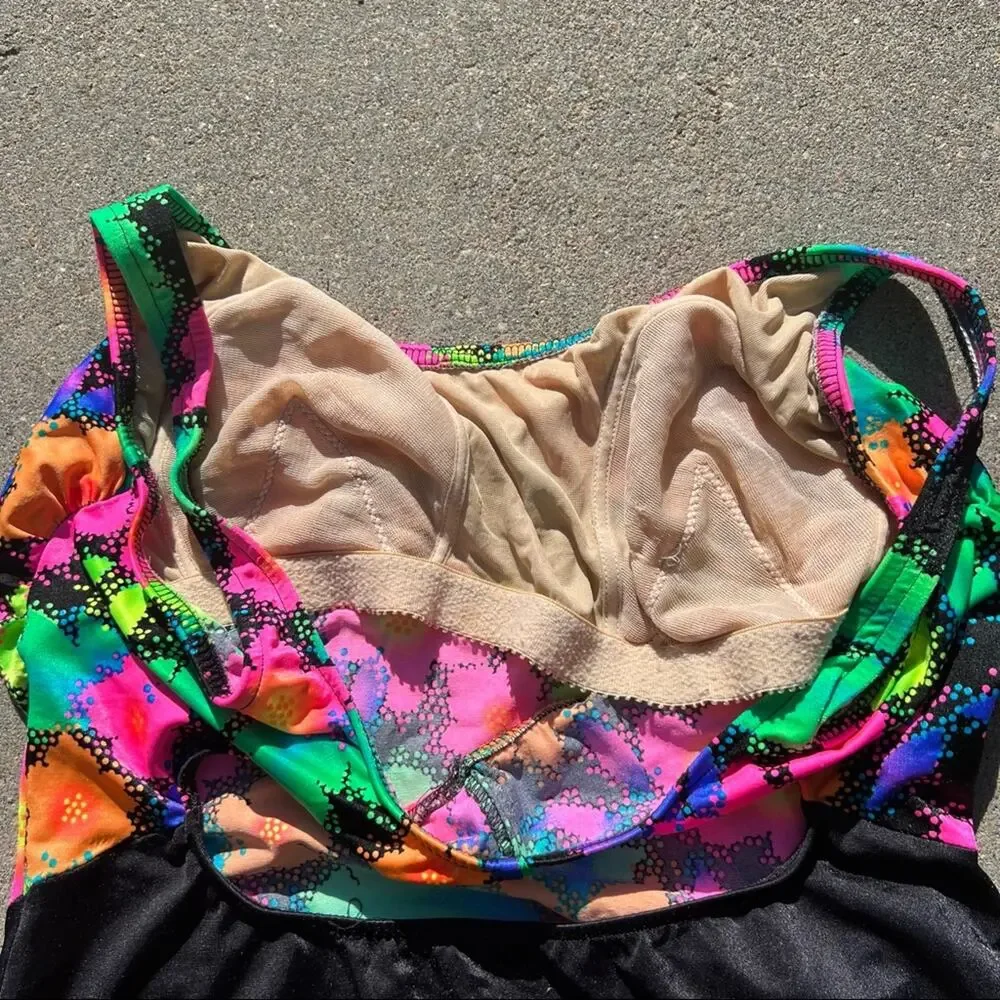 Vintage 90s Pacific Connections neon tropical hibiscus one piece swimsuit